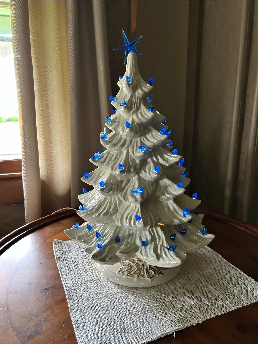 Vintage Ceramic White Newell Christmas Tree with Blue birds and Lights